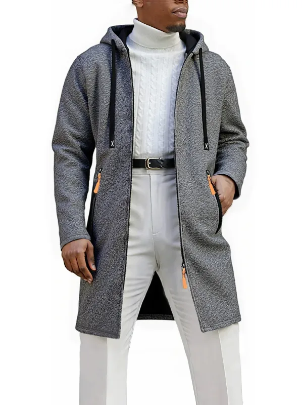 Ensemble de 2 pièces pour hommes, veste à capuche mi-longue avec fermeture éclair complète, manteau chaud doublé en polaire avec capuche à cordon de serrage et poches zippées, vêtements d'extérieur décontractés pour l'automne et l'hiver, usage quotidien