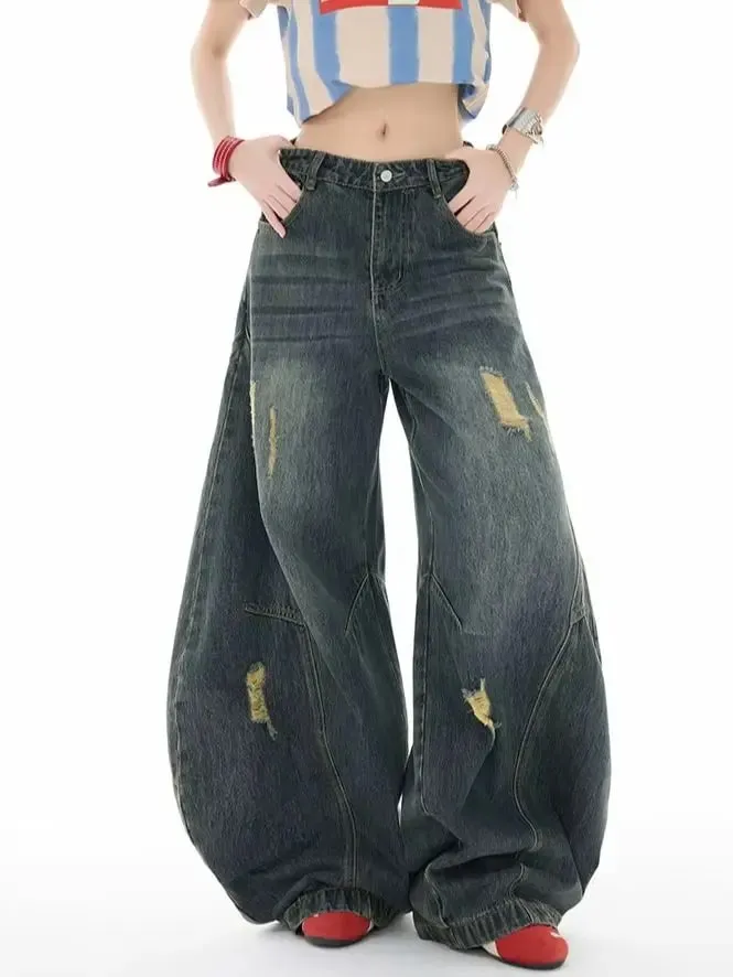 Seluar Jeans Kaki Melengkung Gaya Retro Uniseks Santai Sesuai Perca Tampalan Lembut Tahan Lama Wanita Lelaki Serbaguna Dicuci Seluar Lebar Kaki — image 4