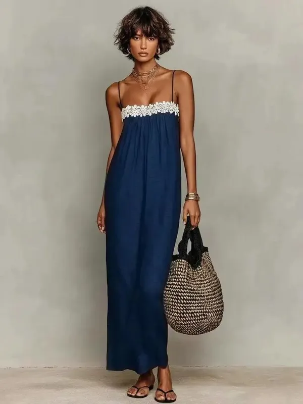 Abito lungo Boho estivo da donna, cinturino per spaghetti, patchwork in pizzo, vestito estivo da spiaggia allentato, abiti lunghi da vacanza casual — image 3