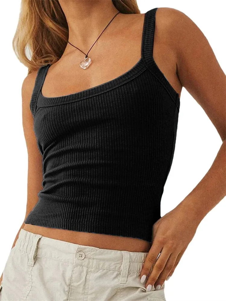 Camisetas sin mangas de color liso para mujer Chaleco básico Sin mangas acanalado Cuello en U Tops cortos ajustados — image 5