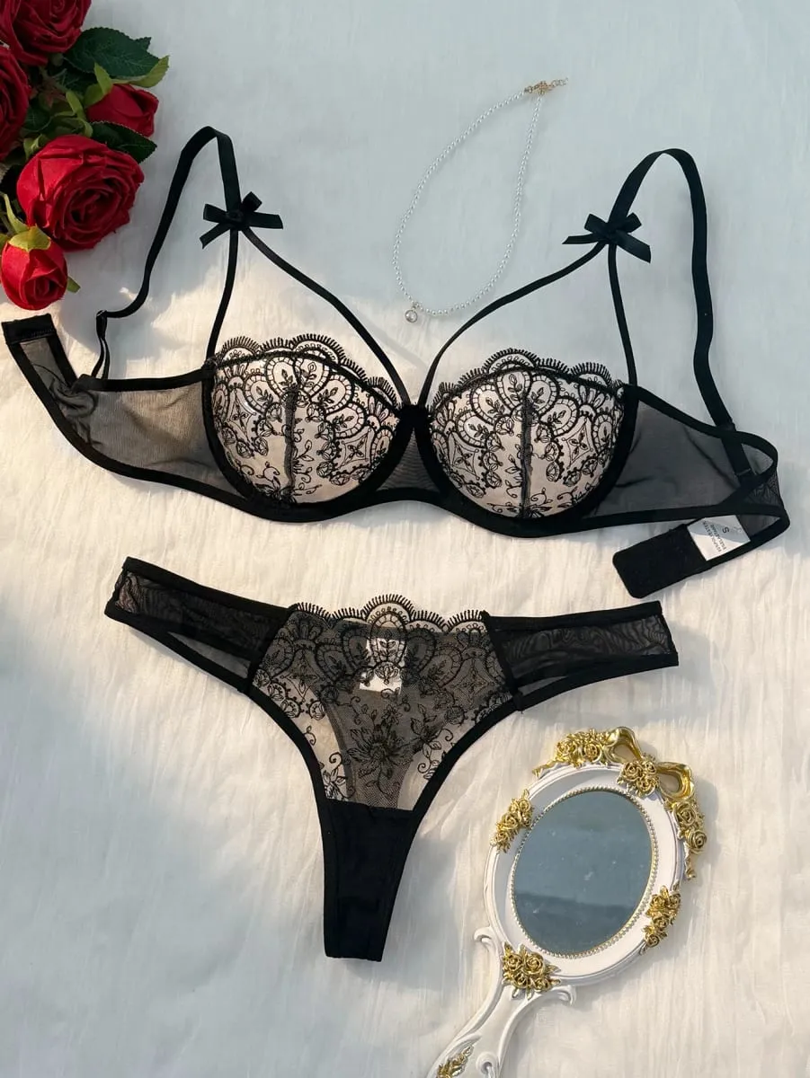 Set Pakaian Dalam Wanita 2 keping Set Pakaian Dalam Separuh Lutsinar Wanita Hijau Selesa Ringan Busur