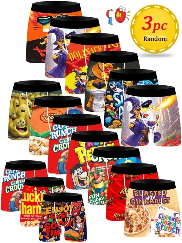 3 pezzi di spuntino casuale con stampa di cartoni animati, slip da uomo, seta ghiacciata, biancheria intima da uomo traspirante e ad asciugatura rapida
