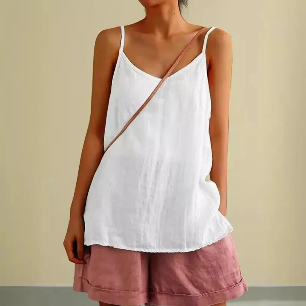 Top básico de algodão com alça espaguete, decote em V, sem mangas, regata solta, respirável, camis, roupa de verão