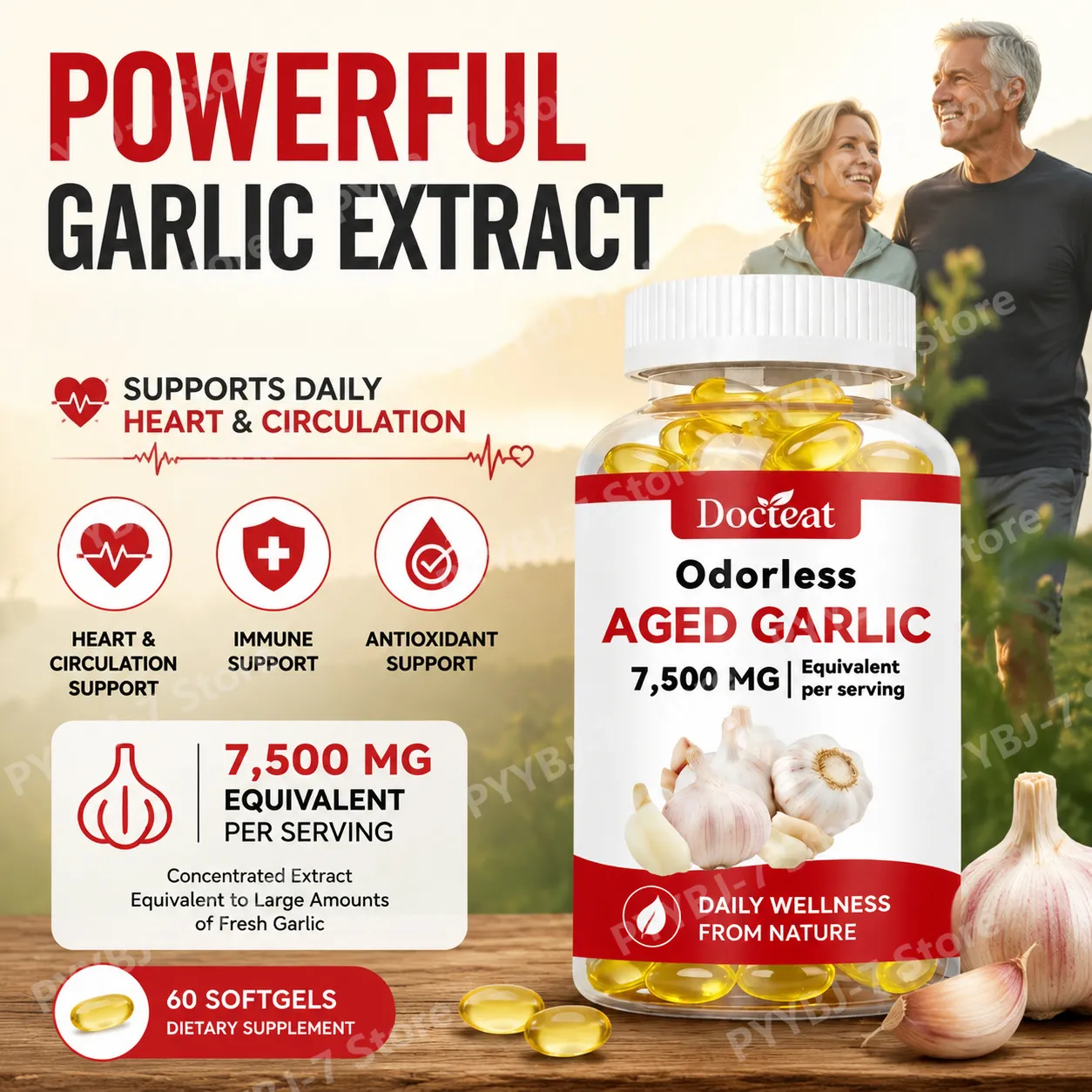 Extrait d'ail vieilli sans odeur 7500 mg 60 gélules Ajo Envejecido supplément antioxydant et soutien immunitaire gélules d'ail quotidiennes — image 1