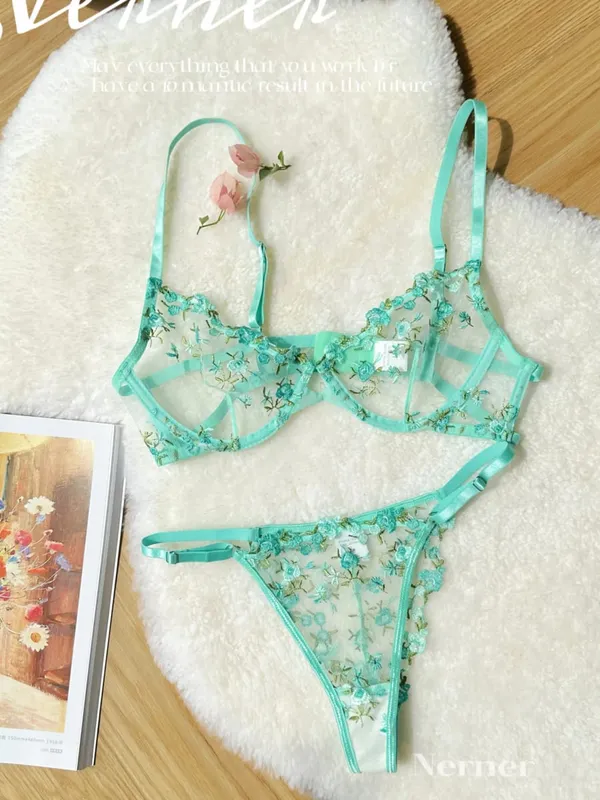 Set Bra Sulaman Renda Bunga Lutsinar Seluar Dalam Minimizer Nipis Musim Panas Lembut Bernafas Payudara Penuh Wanita Di Rumah Pakaian Harian S-XL — image 7