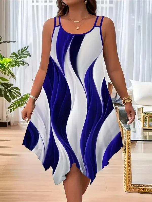 Abito da donna taglie forti con stampa a righe geometriche asimmetriche a doppia cinghia — image 7