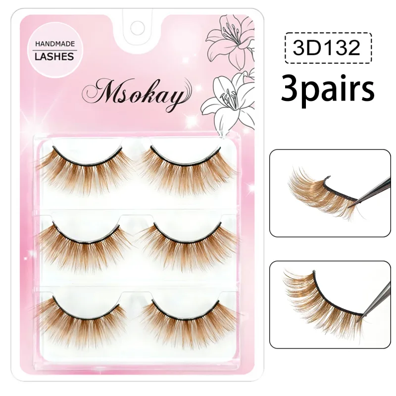 3 คู่สายรุ้งสีขนตาสีน้ำตาลคอสเพลย์ขนตาปลอมสีบลอนด์แต่งหน้า Eye Lashes สีสันสีฟ้าฮาโลวีนมังสวิรัติ Cilias