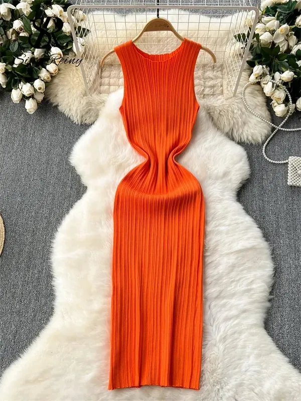Pakaian Panjang Sarung Wanita O Leher Tanpa Lengan Pejal Berlipat Berkait Berkait Fesyen Elastik Bertali Elegan Pakaian Bodycon Seksi Retro