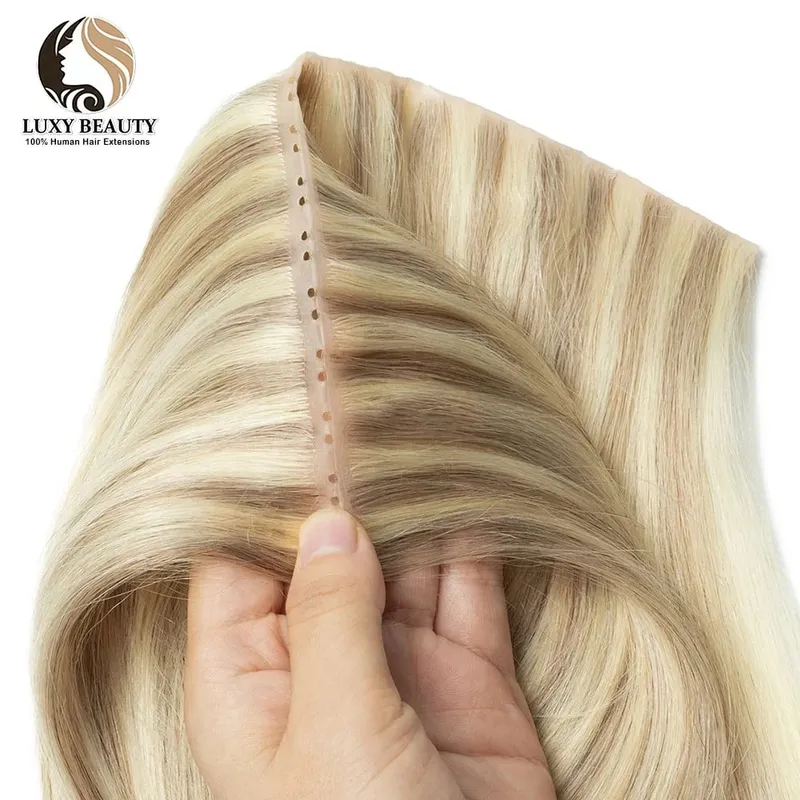Blonde injizierte Echthaarverlängerungen mit Locheinschlag, gerade Twin-Tab-Schmetterlingseinschlag, natürliche unsichtbare braune Locheinschlagverlängerungen — image 12