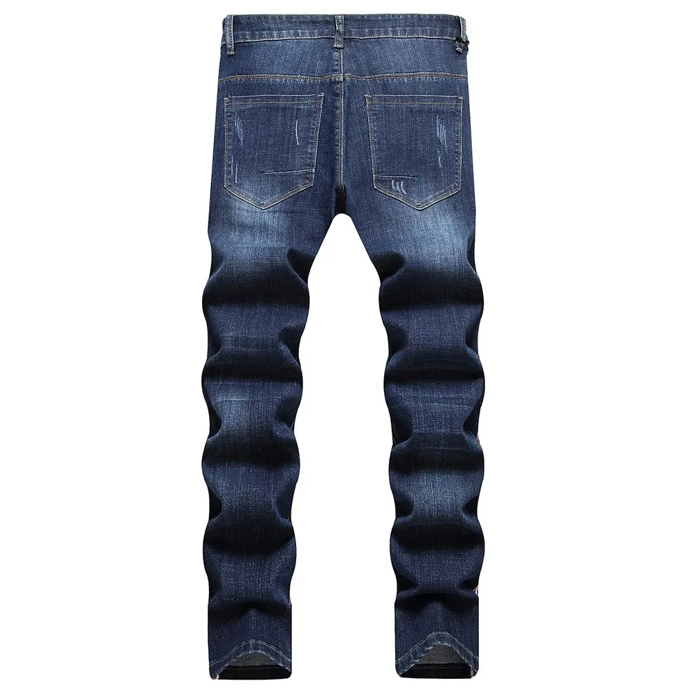 Jean en Denim à rayures latérales pour hommes, pantalon en Denim lavé extensible bleu, pantalon droit Slim — image 2
