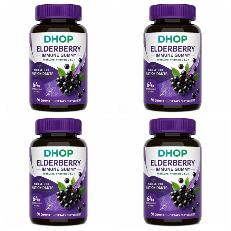 Schwarze Holunderbeer-Gummis, 60 Stück, zur Unterstützung des Immunsystems, Sambucus-Extrakt, Zink, Vitamin C, D3, für Erwachsene und Kinder, 2 Kapseln pro Tag — image 10