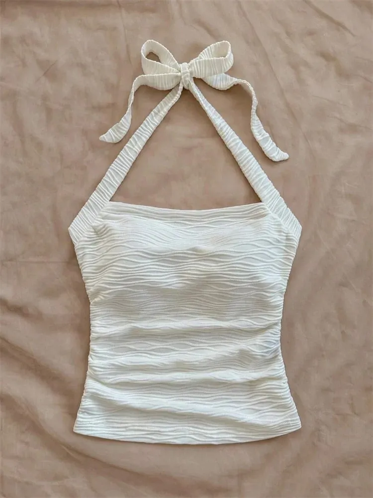 Vlnitý vzor Jednobarevný Halter Crop Top pro ženy Léto Sexy Ruched Pas Bez Zádové Cami Top Tílko Streetwear Y2k Oblečení