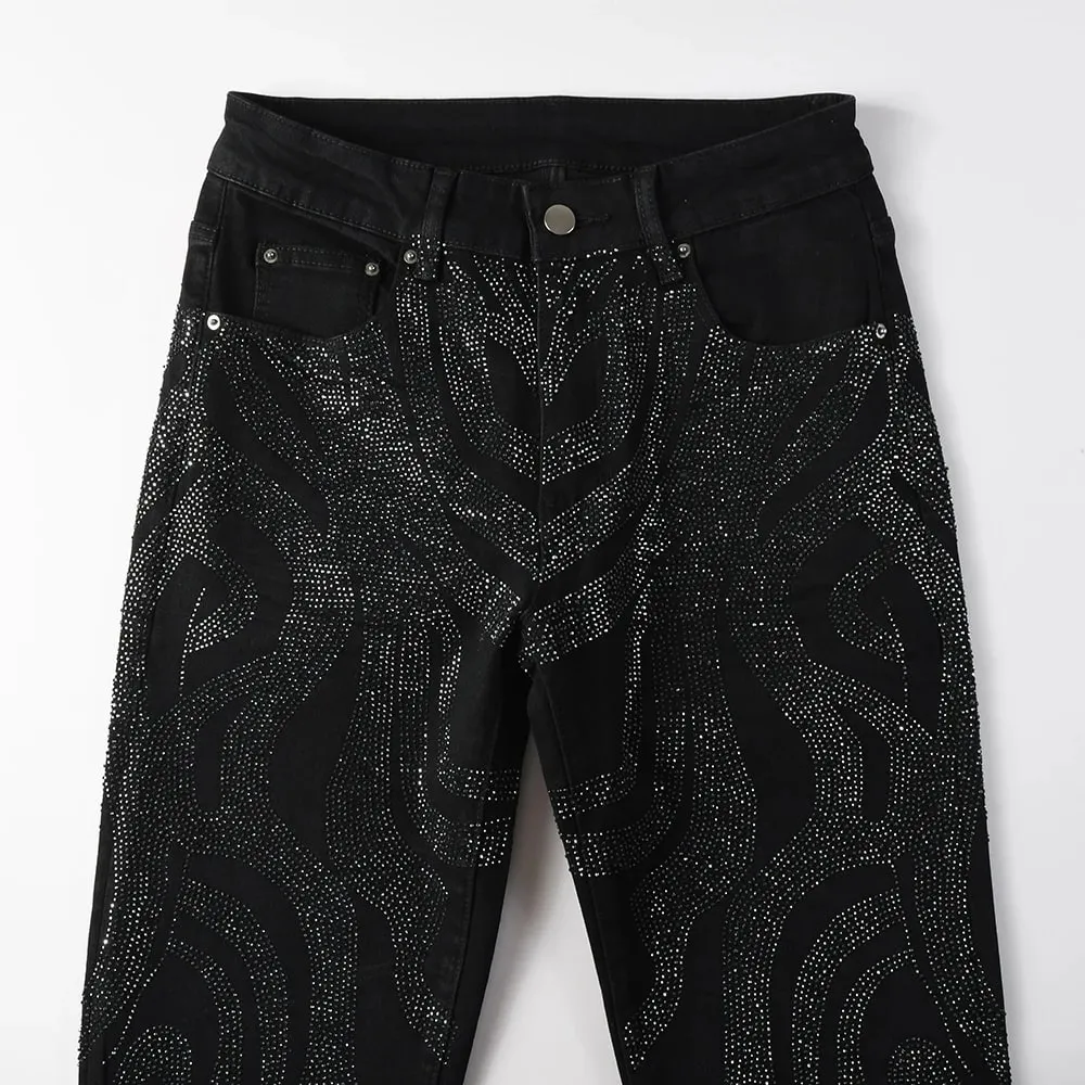 Mænd Crystal Denim Jeans Højkvalitets Rhinestone Stretch Bukser Streetwear Sorte Skinny Tapered Bukser — image 3