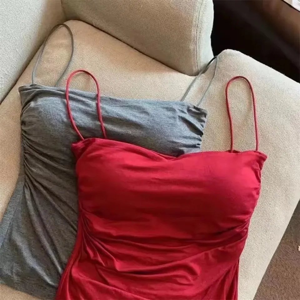 1 Buah Korset Berlipat Pinggang Bergaya-Rompi Tanpa Lengan Bantalan Dada Tetap Penyangga Lembut Atasan Pendek Seksi dengan Tali Tipis Warna Solid