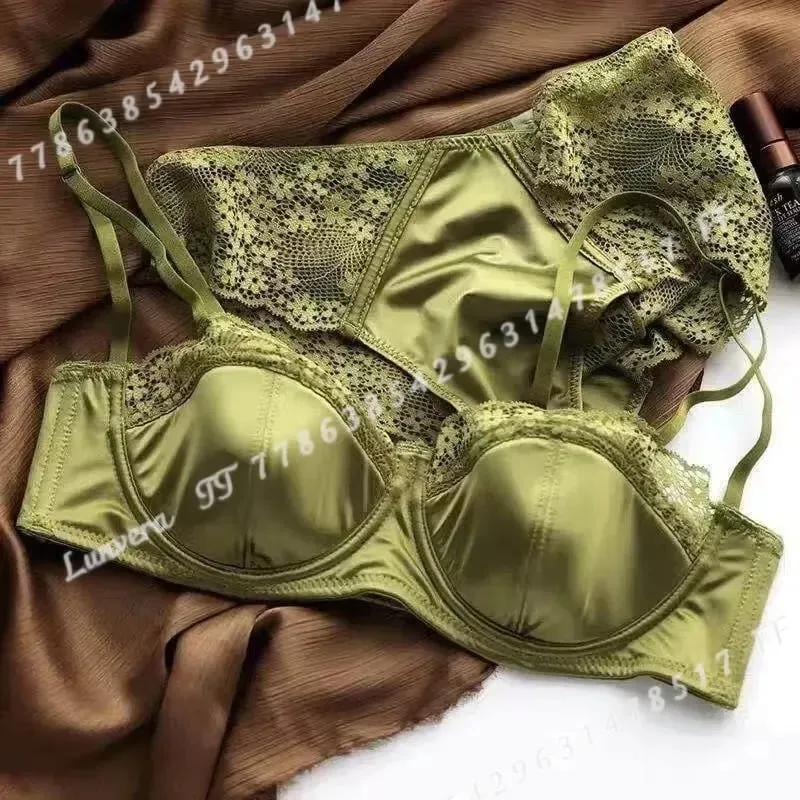 Conjunto de sutiã meia xícara de cetim sexy com anel de aço fino e confortável suporte superior borda de renda verde lingerie brilhante para mulheres — image 1
