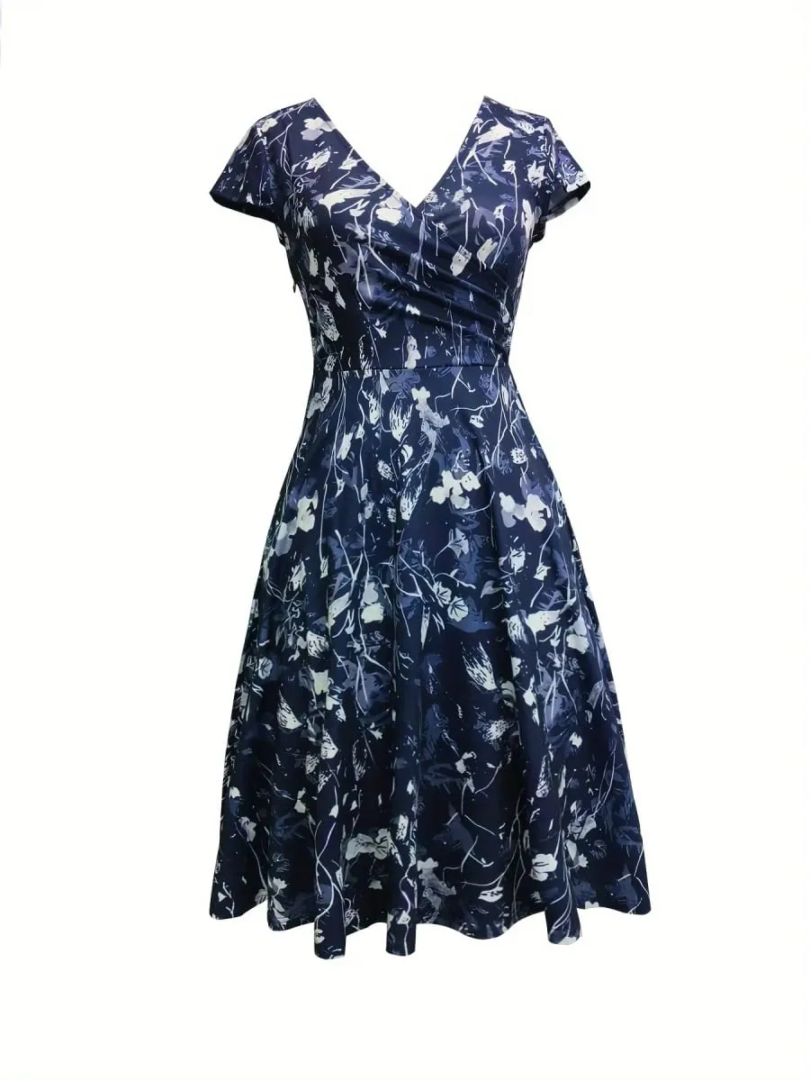 Elegantes, mit Blumenmuster bedrucktes, mittellanges Taschenkleid mit V-Ausschnitt und Polyestermischungen für den Frühling, Sommer und Herbst. Drei-Jahreszeiten-Damenkleid — image 3