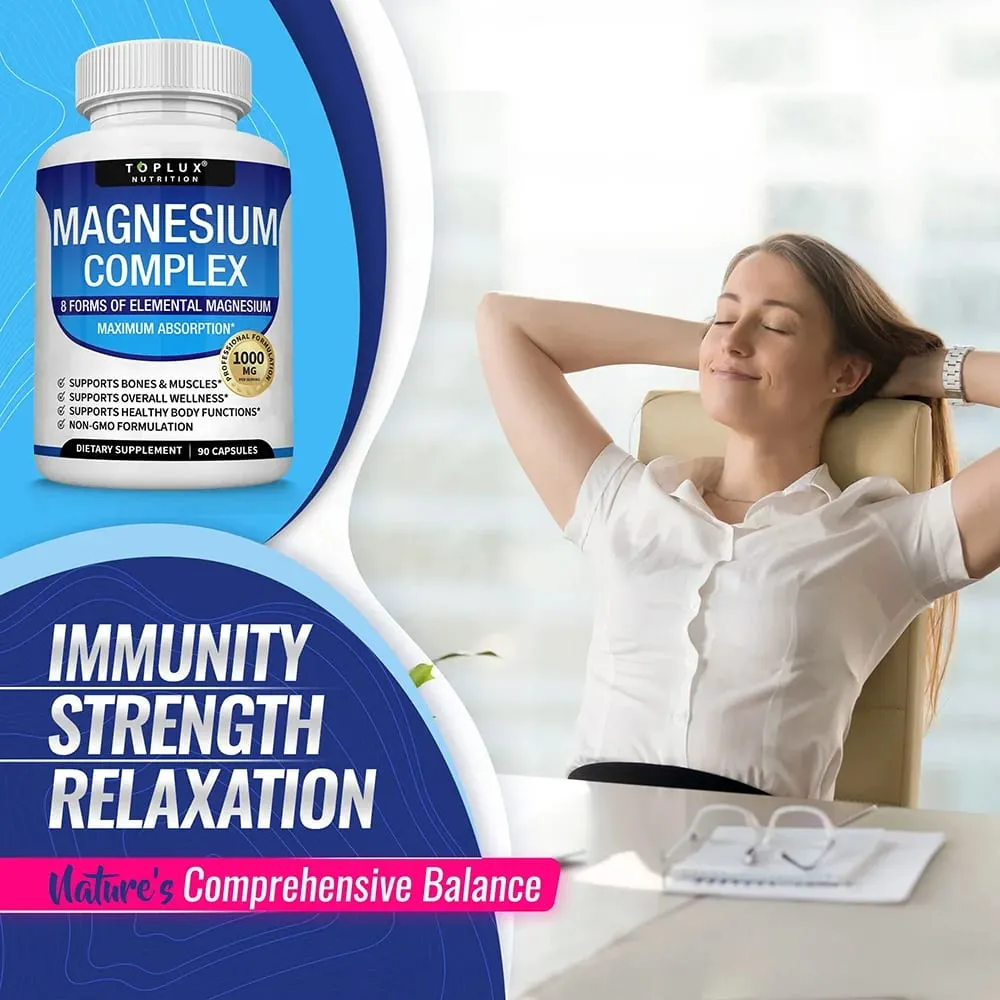Integratore Magnesium Complex 1000mg - Magnesio Glicinato Citrato Malato Taurato per Ossa Energia Muscolare 90 Capsule Vegane — image 6