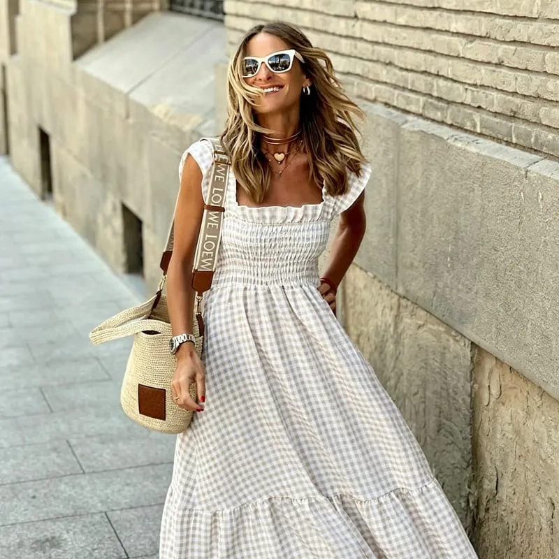 Elegante temperamento xadrez retalhos deslizamento boho vestido de verão plissado sem costas plissado cintura elástica balanço solto vestidos de festa — image 2