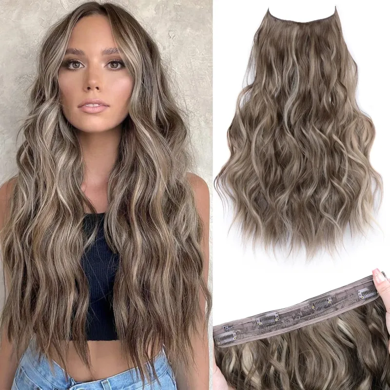 Extensions de cheveux synthétiques à fil Invisible, 4 Clips, ligne de poisson naturelle longue et ondulée, faux postiche une pièce pour femmes — image 14