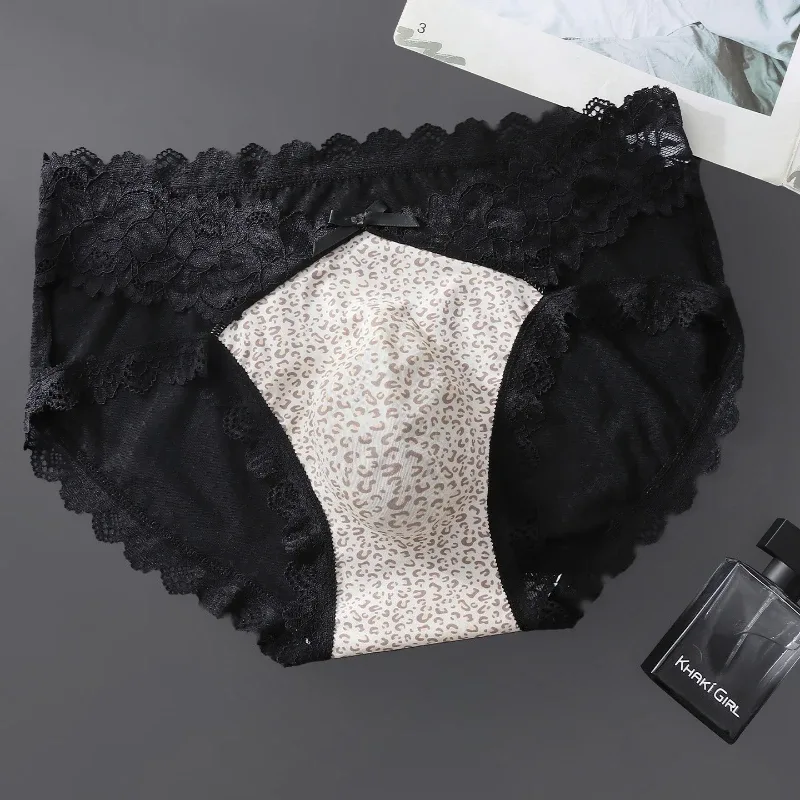 Slip da uomo Forcella alta Bordo in pizzo Biancheria intima stampata leopardata Seta ghiacciata Mutandine ad asciugatura rapida Lingerie Sissy Mutande trasparenti