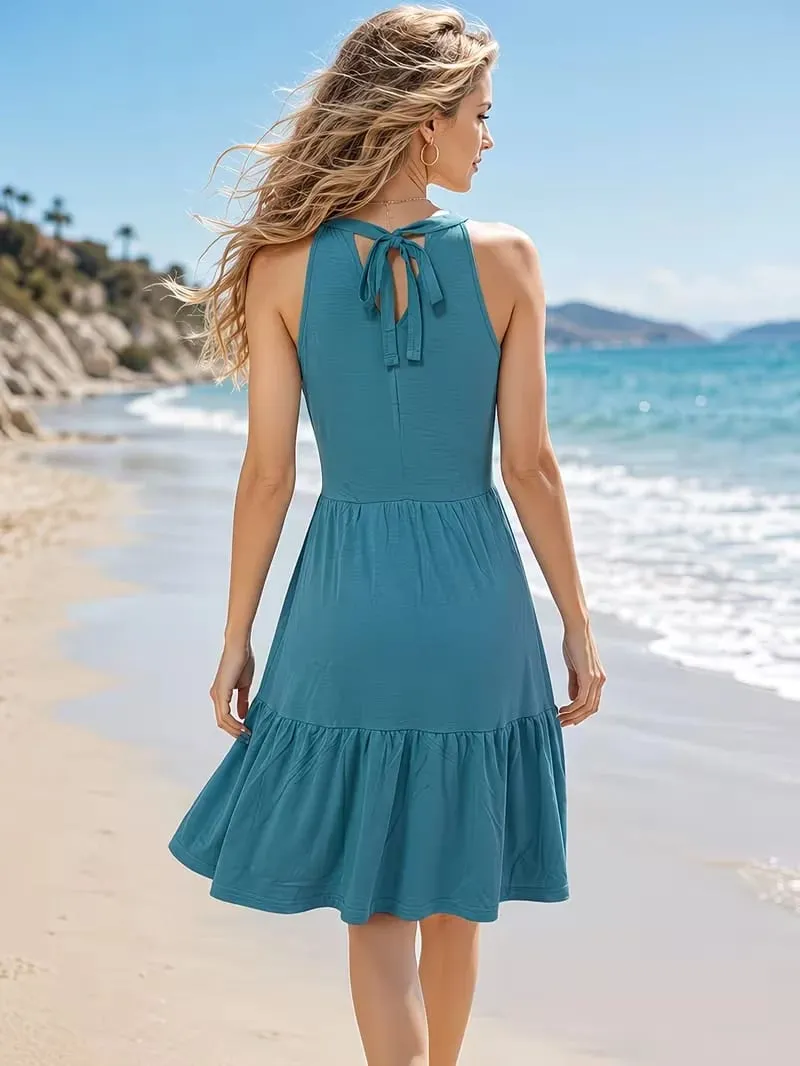 Robe d'été élégante sans manches, couleur unie, col licou, ourlet à volants, ample, longueur aux genoux, pour les vacances — image 3