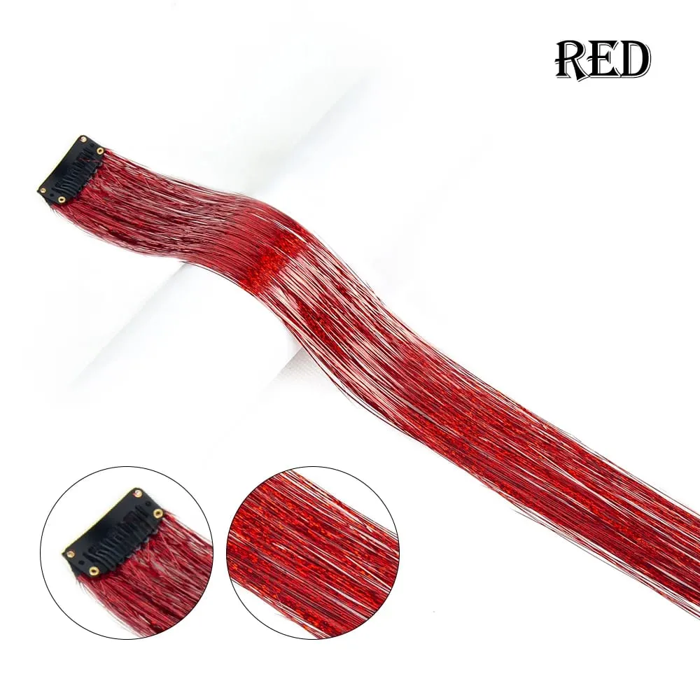 Punti salienti della festa color arcobaleno dritto Clip nelle estensioni dei capelli Pezzo di capelli scintillante Posticci sintetici Rosso scintillante