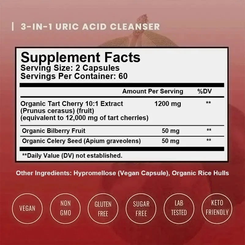 Organic Tart Cherry & Celery Seed Capsules - Uric Acid Cleanse Support Sleep & Joint Health Muscle Repair Supplement — image 2