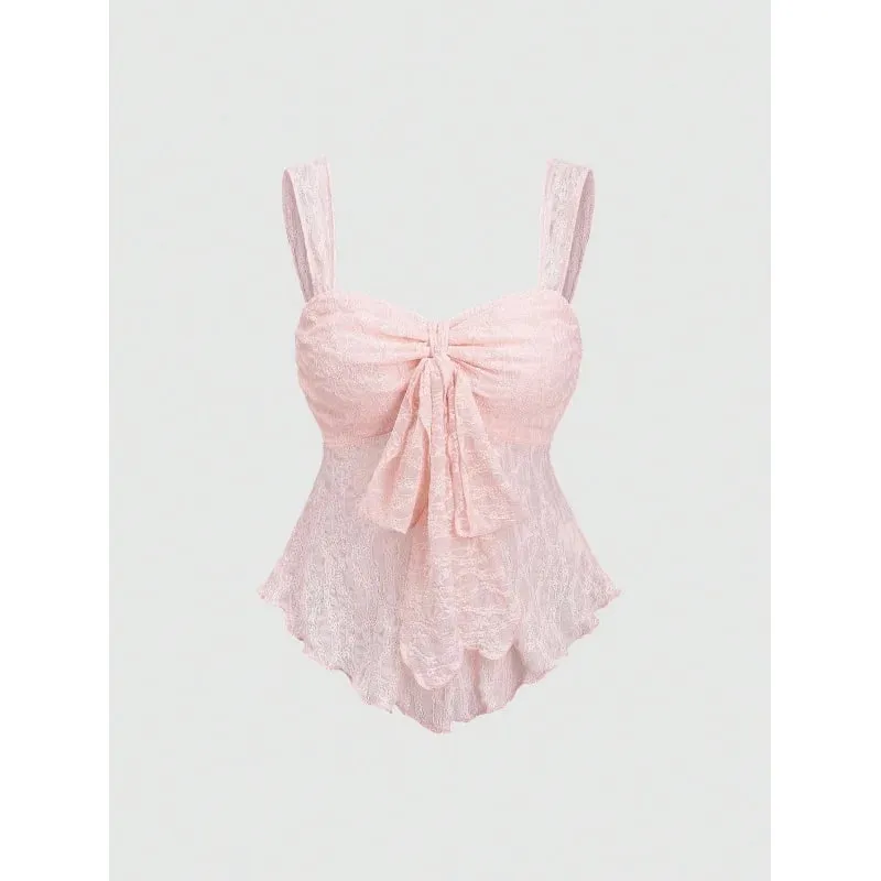 ภาษาฝรั่งเศสคำนุ่ม PURE ความงามผู้หญิง Cropped camisole ลูกไม้ผ้า jacquard เครื่องประดับโบว์เอว cinched อเนกประสงค์แขนกุด Inn