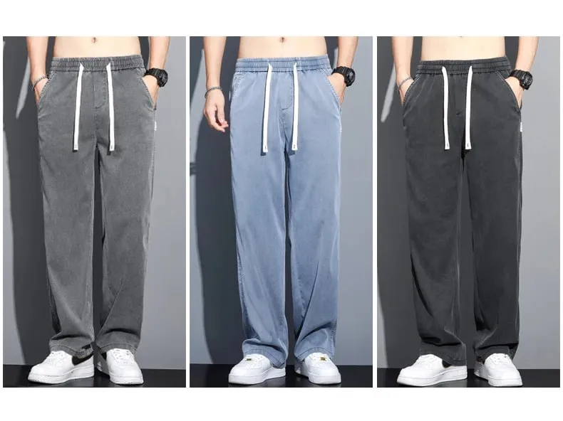 S-5XL 6Style Men's Loose Jeans Summer Soft Lyocell Thin Fabric Straight Pants Drawstring Elastic Waist Korea Casual Trousers Y2K — image 7