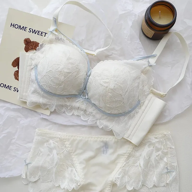 French Garden MOYISU Set reggiseno in pizzo 32-38 AB Coppa sottile senza fili Push Up Anti-cedimento セクシー Lingerie di supporto adatta a busto piccolo — image 8