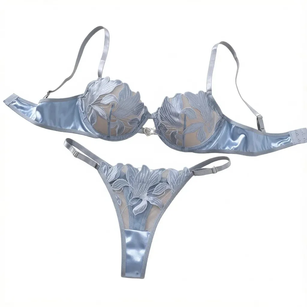 Silberblaues Dessous-Set mit Blumenstickerei, Satin-Mesh-Bügel-BH, Tanga, Damen-Intimunterwäsche, Flitterwochen, Boudoir, ZA824031 — image 1
