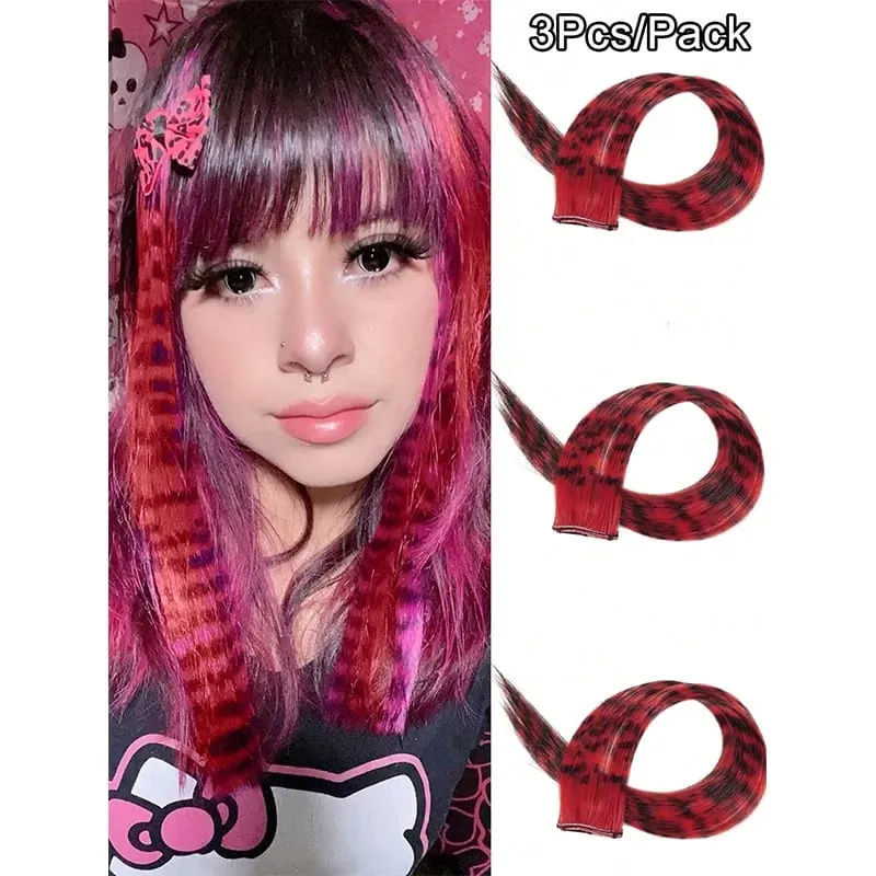 3 pezzi estensioni dei capelli con stampa leopardata striscia sintetica pezzo di capelli stampato clip lunga e dritta colorata nei capelli per le donne ragazze festa