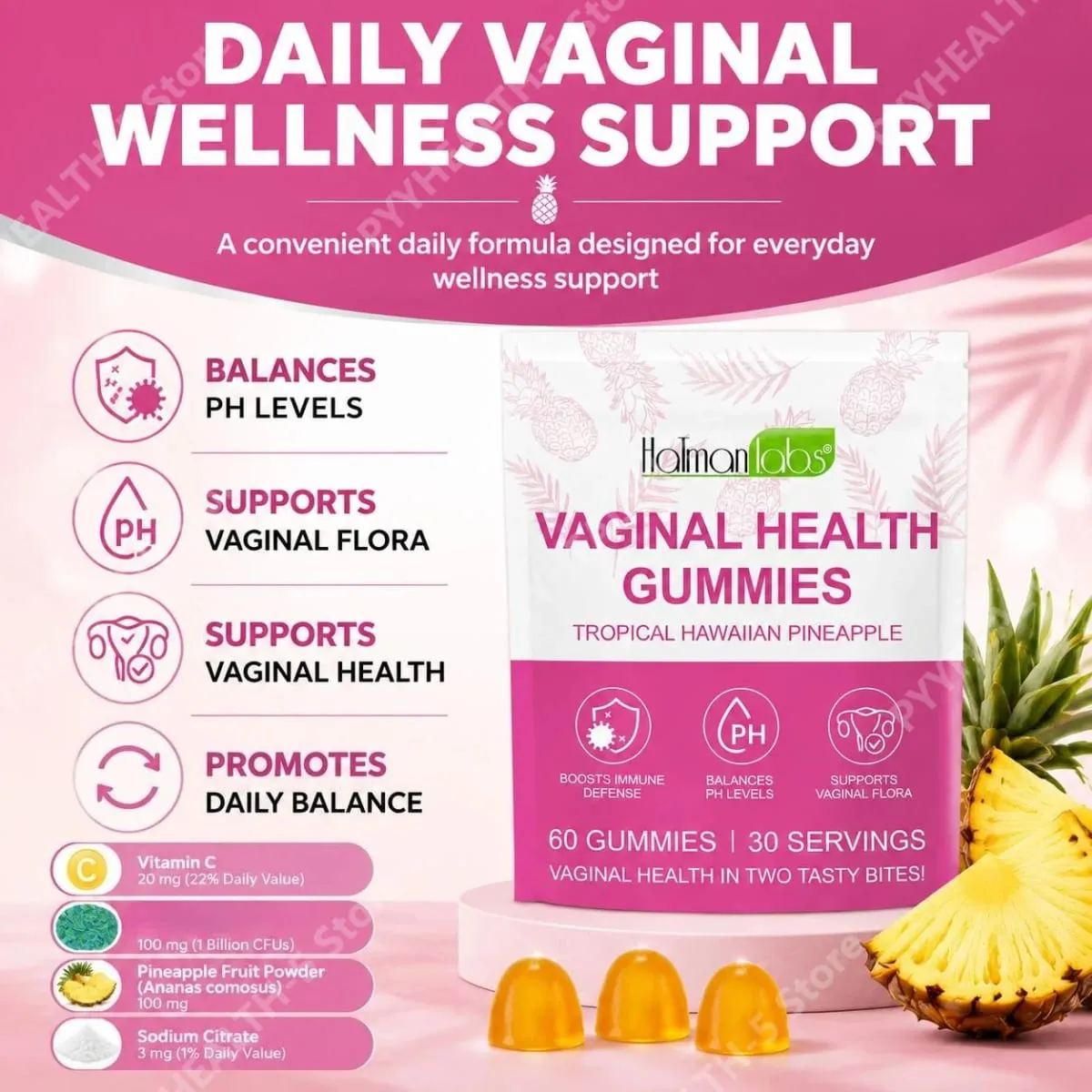 HalmanLabs Vaginal Health Gummies mit Probiotika und Vitamin C gleichen den pH-Wert aus und unterstützen die Vaginalflora – 60 Gummies — image 3