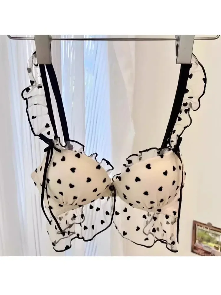Simple léger luxe amour imprimé sous-vêtements en dentelle ensemble femmes petits seins rassembler Sexy pur désir doux soutien-gorge mignon soutien-gorge — image 1