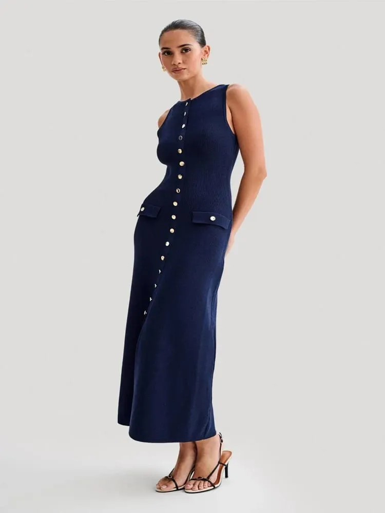 2024 Musim Panas Wanita Elegan Dikait Pakaian Panjang Single Breasted Wanita Pejal Tanpa Lengan O Leher Button Bodycon Pesta Vestidos Wanita — image 3