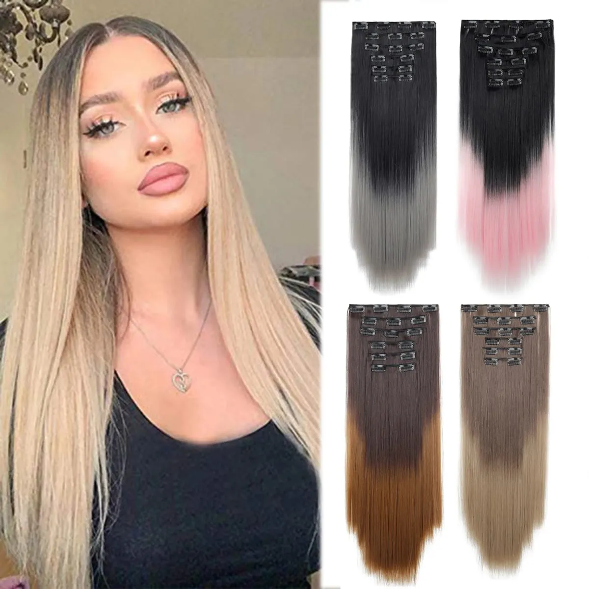 6 pezzi set clip nelle estensioni dei capelli 24 pollici lungo rettilineo testa piena capelli sintetici ombre sfumatura di colore uso quotidiano per le donne signore — image 2