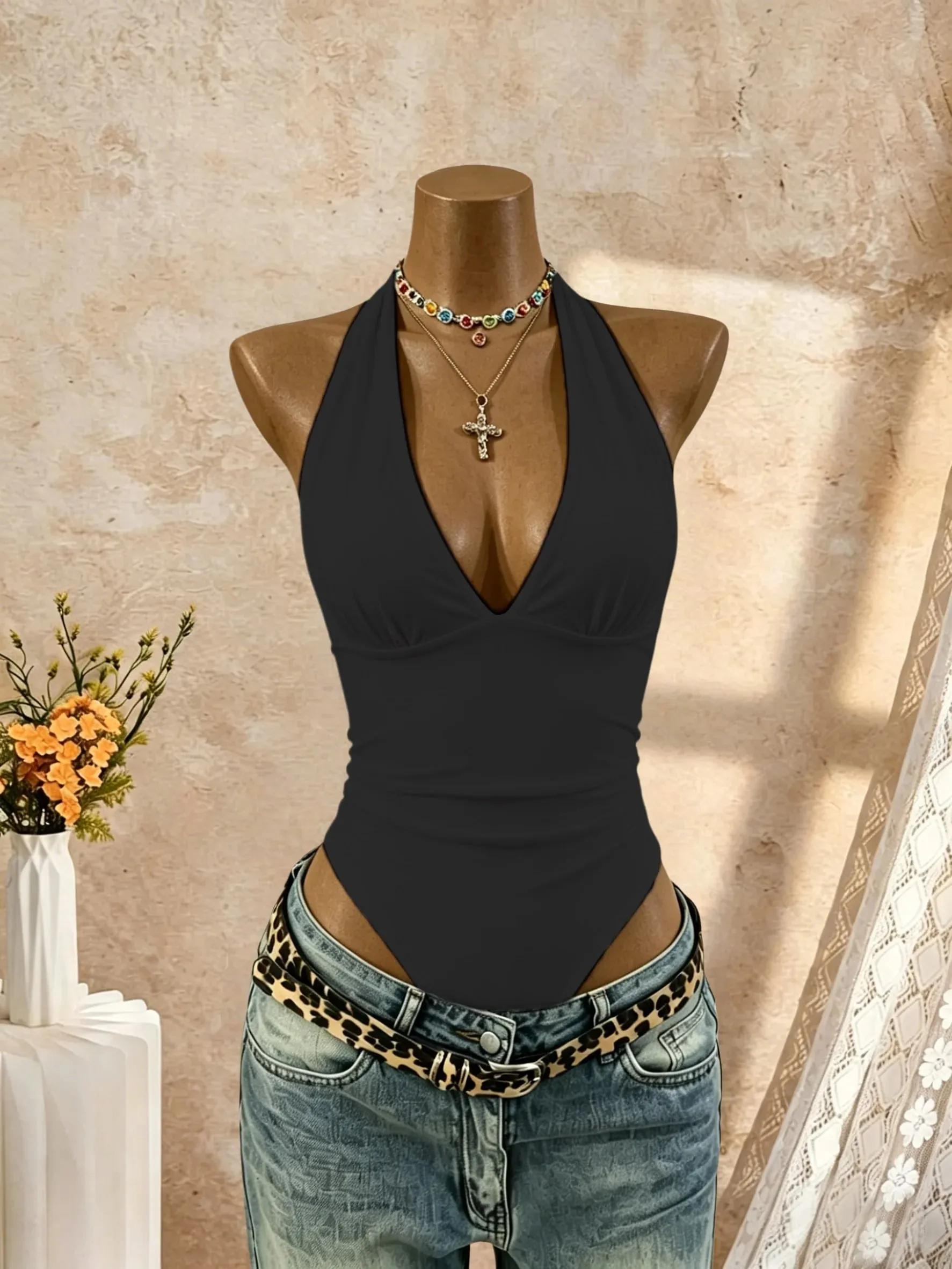 Γυναικείο κορμάκι Halter Deep V λαιμόκοψη μονόχρωμο αμάνικο μπλουζάκι μπροστινό λεπτή εφαρμογή Basic jumpsuit Tank Top — image 3