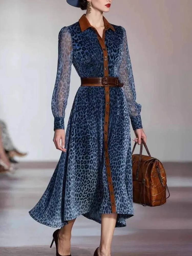 ผู้หญิงElegantชุดเสือดาวพิมพ์ชุดตาข่ายColorblockปกเดี่ยวBreasted Vintage Chicแขนยาวชุด — image 5