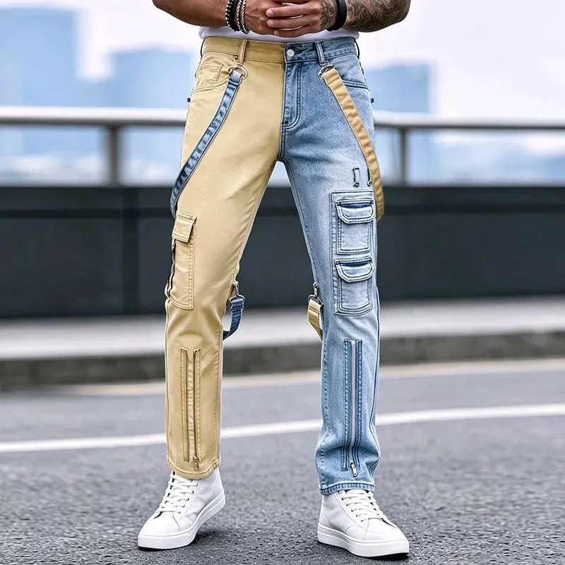 Y2K-Jeans für Herren, Techwear, Retro-Cargohose, ausgestellte Bootcut-Jeans, Kontrastfarbe, Spleißriemen, Streetwear-Denim-Hose