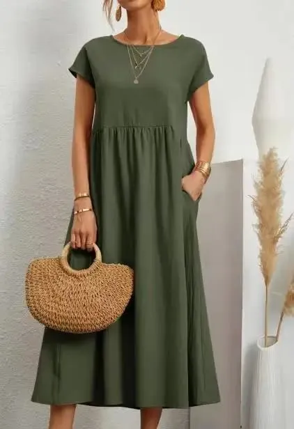 Gaun Linen Kapas Pepejal Premium yang Elegan Midi Musim Panas dengan Poket Longgar Leher Krew Kasual Lengan Pendek untuk Perjalanan Pantai — image 14