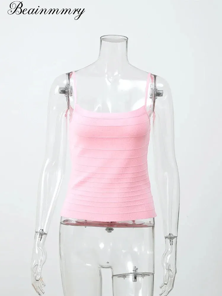 Kobiety seksowna solidna bandażowa góra kwadratowy dekolt w paski Spaghetti pasek gorset bez rękawów Bodycon 2026 Summer Lady Party modna kamizelka — image 2