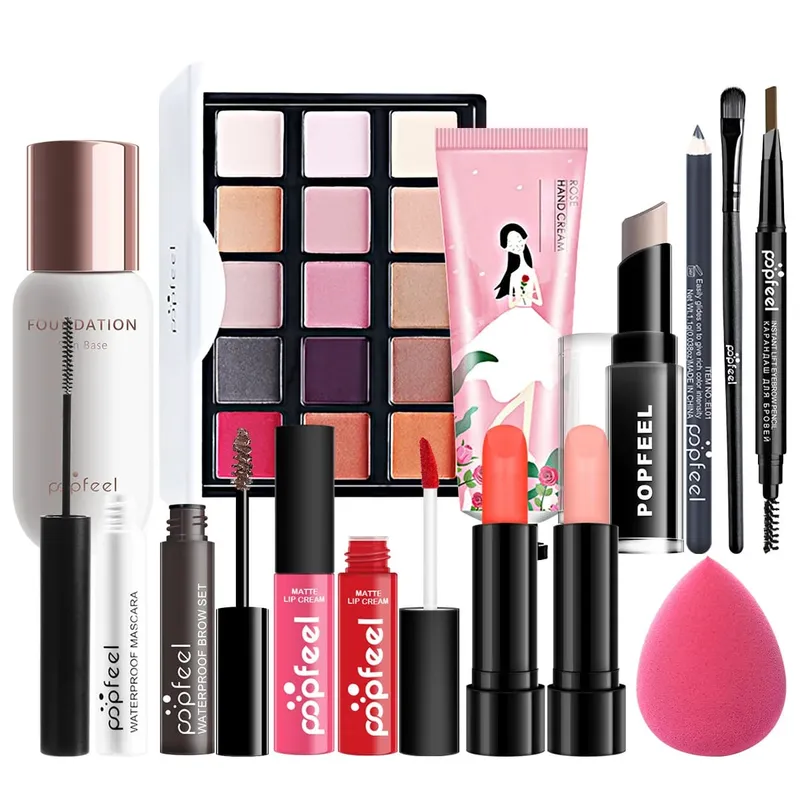Dárková sada na make-up All-in-One s paletou očních stínů Foundation Lip Gloss štětce na oční linky a další kosmetické dárky