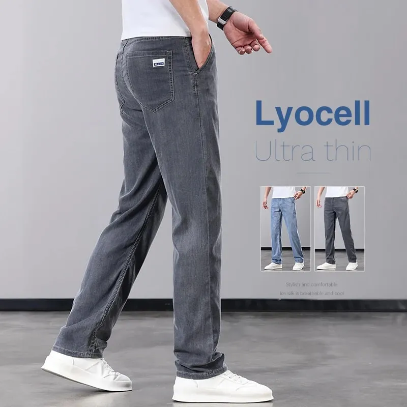 Seluar Jeans Lelaki Nipis Musim Panas Lyocell Fabrik Lembut Bernafas Seluar Denim Lurus Jenama Lelaki Elastik Sutera Ais Seluar Kasual Kelabu Biru — image 1