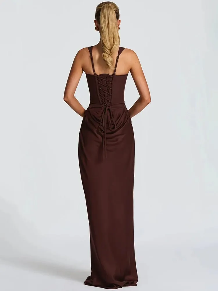 Mozision Abito lungo sexy increspato senza schienale da donna elegante colletto quadrato spalline affusolate senza maniche aderente abito lungo da festa per club — image 3