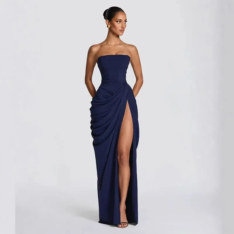 Seksi Pepejal Pleated Strapless Dress Wanita Chic Off-shoulder Backless High Waist Split Dresses Wanita 2026 Baharu Gaun Pesta Petang — image 10