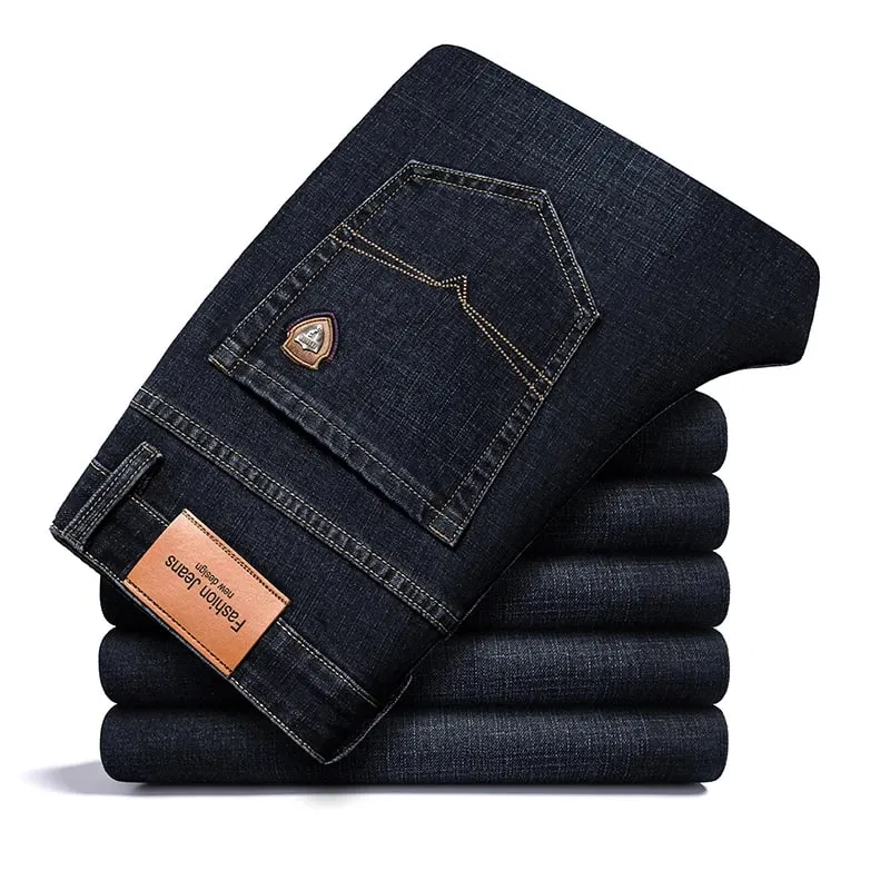 BAO 2026 musim luruh musim bunga dipasang seluar jeans denim regangan lurus lencana gaya klasik belia perniagaan lelaki seluar jeans kasual