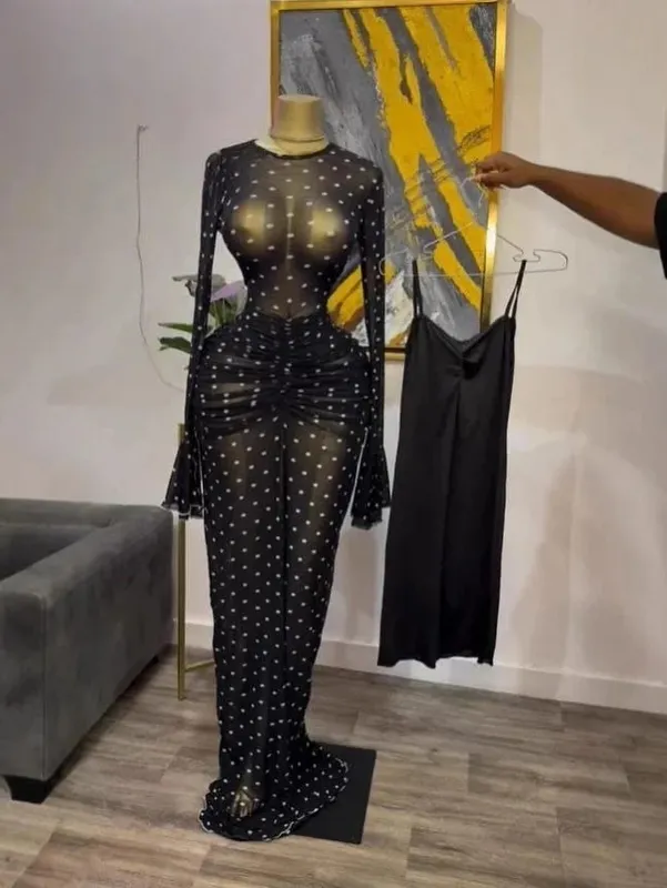 CM.YAYA 2025 Maglia a maniche lunghe increspata da donna Vedi anche se con fodera aderente Abito lungo Autunno sera Compleanno Abiti da festa sexy — image 15