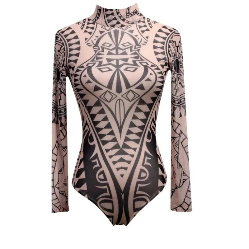 Body a rete da donna Body body a maniche lunghe con stampa etnica vintage Top trasparente attraverso tute da club sexy — image 9
