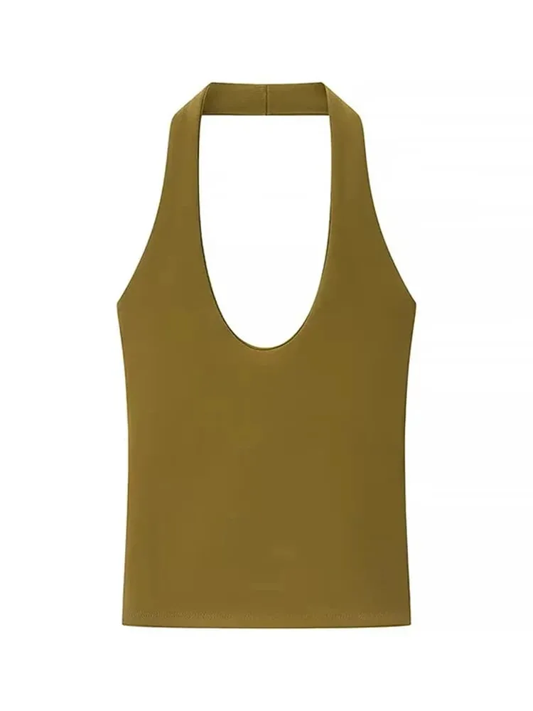 2025 Letnie nowe damskie serie w jednolitym kolorze Halter Collar Slim Backless Basic Top na wszystkie mecze — image 10