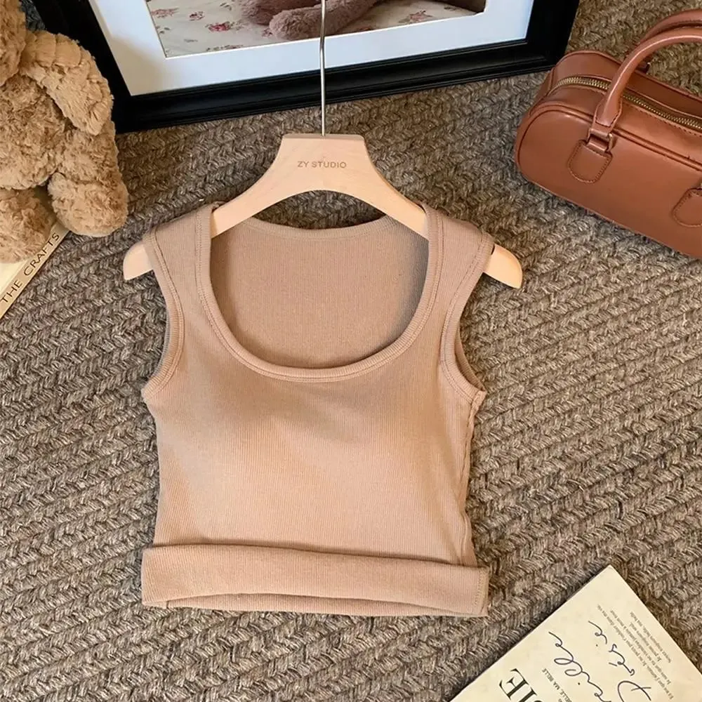 Frauen Einfarbig O Hals Rippen Tank Top Breite schulter Gurt Leibchen 2025 Sommer herbst Grundlegende Leibchen Elastische Tank Tops